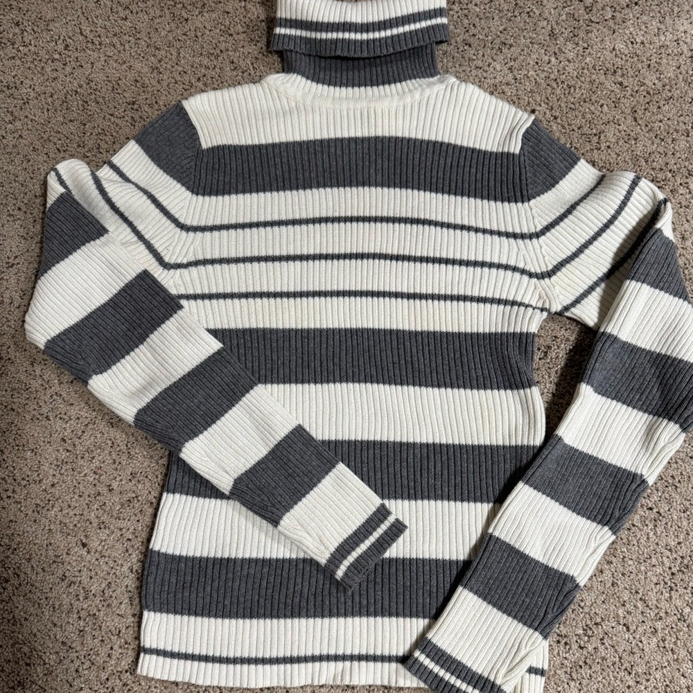 Striped Ribbed Turtleneck Sweater - Gray and White